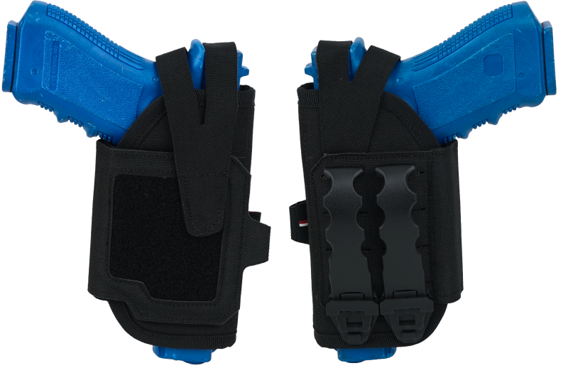 Blue training pistols in a rigid black tactical holster